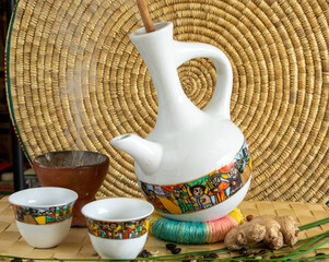 Ethioian coffe pot with coffee cups and insence burner