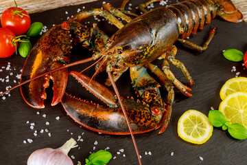 Alive raw uncooked lobster with spicy ready to cook.
