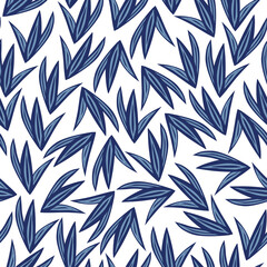 Naklejka premium Seamless pattern with tropical grass. Vector illustration - exotic abstract plants on a white background. Fashionable botanical fabric design. Illustration of the jungle.