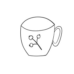 Cute tea time card. Cup with berry design elements. Menu for restaurant, cafe, bar, tea-house. Vector illustration isolated on white background.