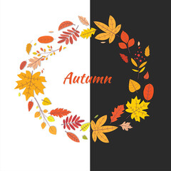 Autumnal round frame. Wreath made of colorful fallen leaves. Natural decorative vector illustration in flat style.