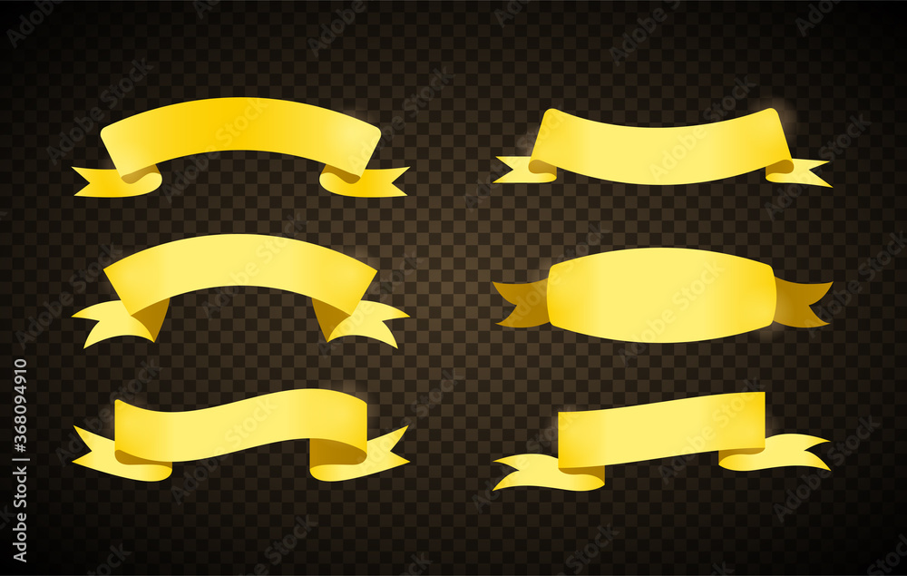 Wall mural set of six gold banner ribbons or tape in different shapes with copyspace, colored vector illustrati