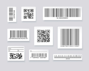 QR codes and barcode labels. Supermarket scan code bars, industrial barcode labels. Barcode label for scan, bar code sticker, vector illustration.