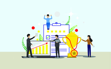 Fototapeta premium Star Rating. Businessman hand giving five star rating. Five stars customer product rating review flat icon. Feedback concept