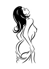 A naked girl with an open chest takes off her dress. Black and white hand drawing. Vector isolated illustration
