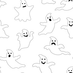 Seamless pattern with cute little cartoon ghosts. White ghosts on a white background. Illustration for Halloween. Template for paper, textiles, games, and web design.