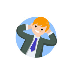 Fototapeta na wymiar Successful businessman in suit. Gesture with hands behind head. Happy man in tie. Business and joy icon. Cartoon flat illustration isolated on white. Stay on job