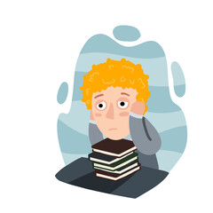 Sad schoolboy with stack of books hold head in hands. Problems with learning and stress at school. Kid learns at table and textbook. Cartoon flat Children drawing.
