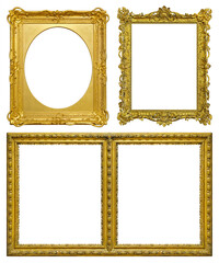 Set of golden frames for paintings, mirrors or photo isolated on white background
