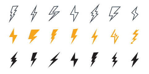 Lightning icon. Simple icon storm or thunder and lightning strike. Set of icons representing lightning bolt, lightning strike or thunderstorm.