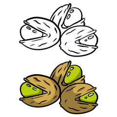 Pistachios. Green nuts in their shells. Set of Walnut. Snack and food. Cartoon flat illustration