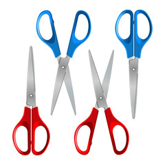 Scissors with red and blue plastic handles, open and closed, isolated on white