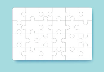 Puzzle pieces grid. Jigsaw puzzle 24 pieces, thinking game and 4x6 jigsaws detail frame design. Thinking puzzle game, success mosaic solution vector template.