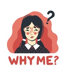 Portrait of puzzled displeased woman. Sad upset girl. Why me concept. Hand-drawn character. Vector illustration.