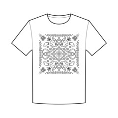 T-shirt design pattern with silhouette of flowers, birds, circles, swirling lines, hearts, central element of geometric flower.