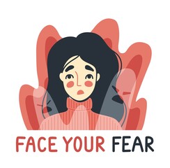 Face your fear, phobia, insomnia concept. Frightened, scared young woman surrounded by imaginary ghosts flying around her. Panic attack, fears, paranoia and sleeping disorder. Vector illustration.