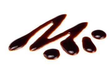 Spilled soy souse teriyaki texture. Oyster sauce or balsamic vinegar puddles on white background