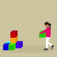 The girl carries in her hands a large cube to the tower of cubes