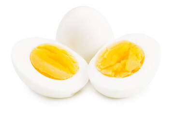 Single whole boiled egg with halved egg isolated on a white background