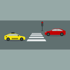 Taxi and red car stand at red traffic light