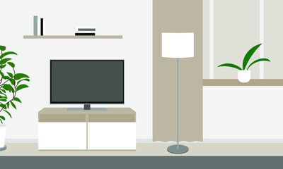 Room with tv, plants, bookshelf, window and floor lamp