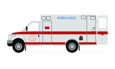 Ambulance car with open rear door on a white background