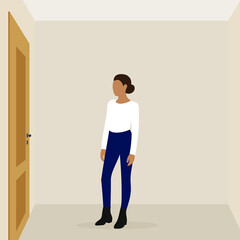 Female character stands in an empty room and looks at the door