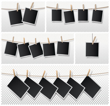 Set of blank photo frame set hanging on rope. Realistic detailed photo icon design template. Vector illustration isolated on transparent background.