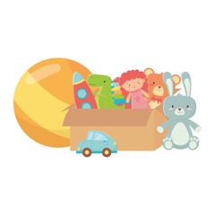 kids toys cardboard box full with doll bear rocket dinosaur ball and car object amusing cartoon