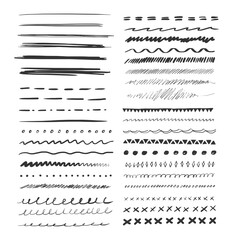 Set of hand drawn line. Grunge pencil line of black doodle graphite art texture. Vector grungy lines set