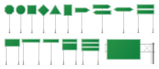 Set of green road signs. Blank traffic road, empty, warning, caution, attention, stop, safety, shape danger. Vector illustration.