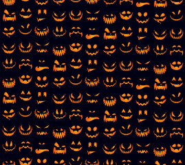 Seamless pattern with orange halloween pumpkins carved faces silhouettes. Can be used for scrapbook digital paper, textile print, page fill. Vector happy helloween illustration.