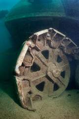 Excavator wreck in a fresh water lake. © frantisek hojdysz