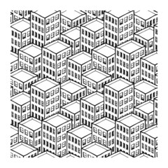 Seamless pattern of isometric buildings city for colouring.