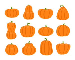 Cartoon halloween pumpkin set. Simple pumpkin colorful icon symbol isolated white Vector Illustration
