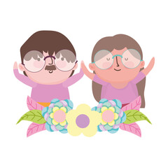 grandparents day, cute elderly couple cartoon character flowers decoration
