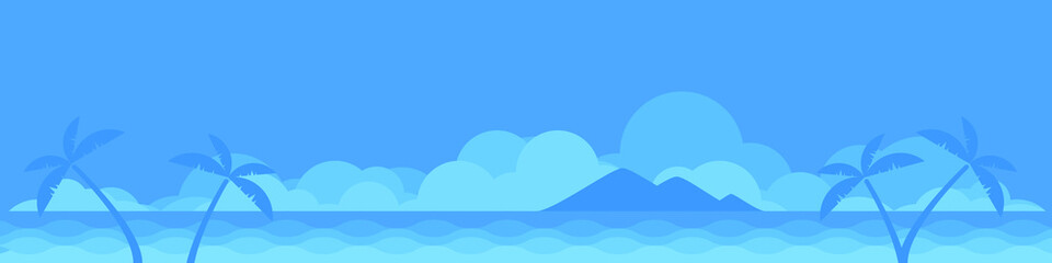 vector illustration of panoramic landscape with island, sky, clouds, ocean and coconut palm tree in shades of blue