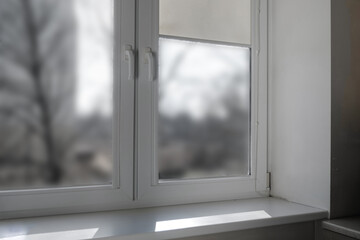 White room and window. Empty window with a sill and shutters.