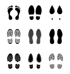 Human foot trace. Footprints human shoes silhouette, vector set, isolated on white background. Vector illustration.