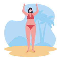 woman with swimsuit wearing medical mask in the beach, tourism with coronavirus, prevention covid 19 in summer season vector illustration design