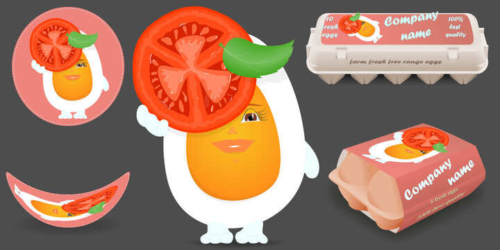 Egg with tomato and green lettuce. Character for sticker, label, sticker. Eco-friendly carton egg packaging. Set of vector elements for design.