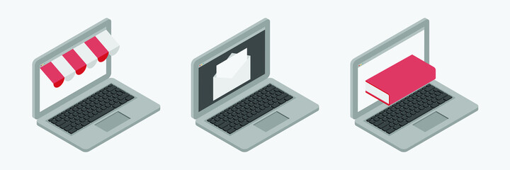 set of vector art illustration in isometric view of three laptops with book, store and email on screens