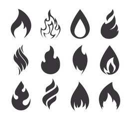 Fire icon. Simple black fire flames set isolated on white background. Collection of silhouette light effect elements for web. Vector illustration