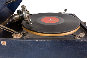 Phonograph with crank. Old gramophone Isolated on a white background. © 977_rex_977