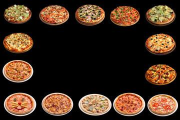 Frame for lettering from a set of pizzas isolated on a black background.. Copy space
