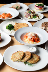 Full menu of a russian restaurant is served on a table, side view, close up