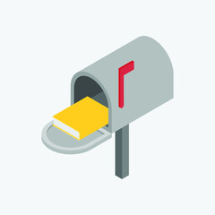 isometric vector illustration of isolated open mailbox  in grey and red, with yellow book on inside