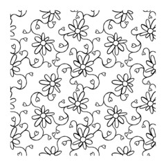 Seamless pattern of black and white silhouette stamp of chamomile flowers and branches with hearts leaves. Decorative floral elements.