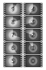 Movie countdown frame. Vintage silent film and blank full frame still photography film. Old film movie timer count. Vector illustration.