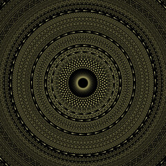 Vector golden sun on black background; Solstice or solar eclipse; Sacred geometry and stripes decorated with triangular geometric patterns.